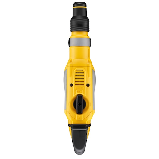 Top view of a yellow and black DEWALT rotary hammer drill, model D25614K, showing the handle and control switch.