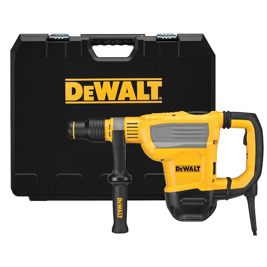 A yellow and black DEWALT rotary hammer drill with an auxiliary handle, placed in front of a black carrying case with the DEWALT logo.