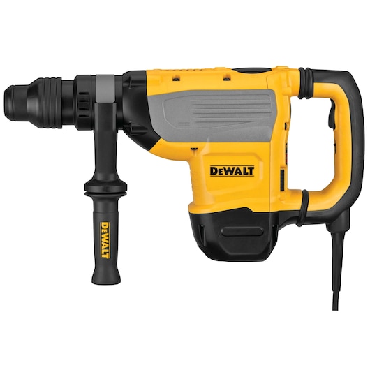 A DeWALT electric rotary hammer drill with a yellow and black body, side handle, and corded power supply.