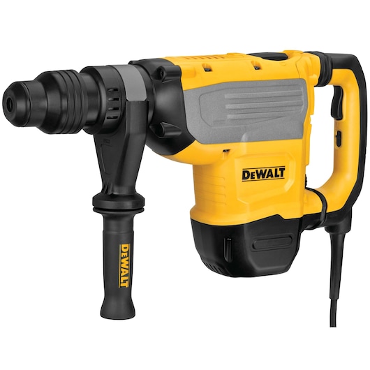A yellow and black DEWALT electric rotary hammer drill with a side handle and power cord, model D25733K.