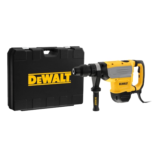 A DEWALT rotary hammer drill with a side handle and power cord, shown next to a black carrying case with the DEWALT logo.