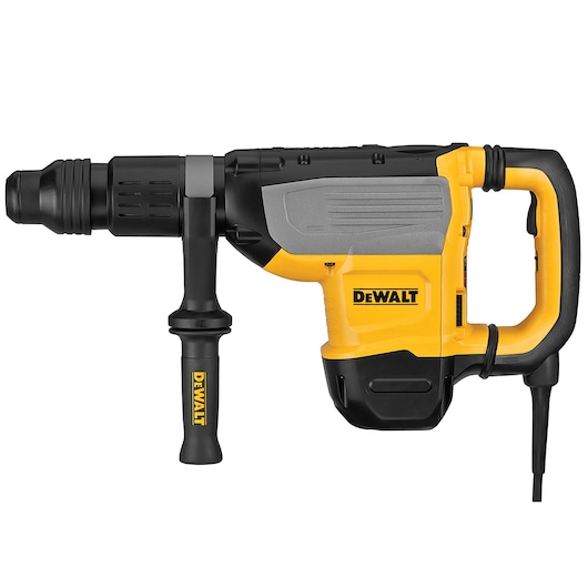 A DEWALT branded yellow and black electric rotary hammer drill with auxiliary side handle and power cord.