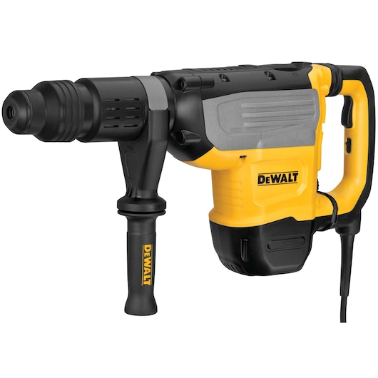 A DEWALT heavy-duty rotary hammer drill with a yellow and black body, a side handle for better grip, and an attached power cord.
