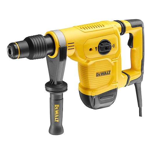 Yellow and black DEWALT hammer drill with side handle for heavy-duty construction use.