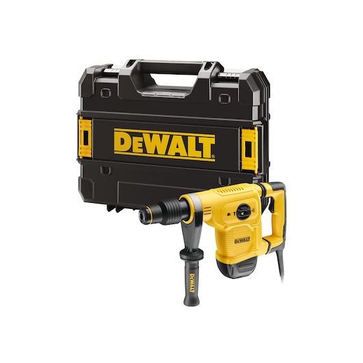 A DEWALT branded yellow and black electric rotary hammer drill with a side handle, placed in front of a matching DEWALT hard carrying case.