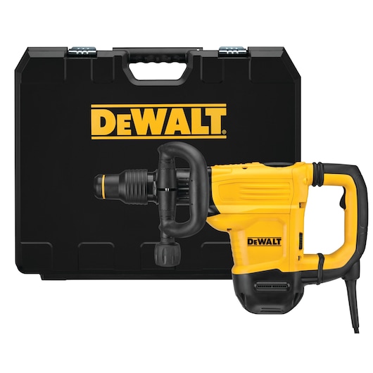 A yellow DEWALT demolition hammer with a black handle and a carrying case behind it. The case is black with a large DEWALT logo printed on the front.