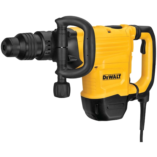 A yellow and black DEWALT corded demolition hammer with a side handle and robust construction, designed for heavy-duty concrete or masonry work.