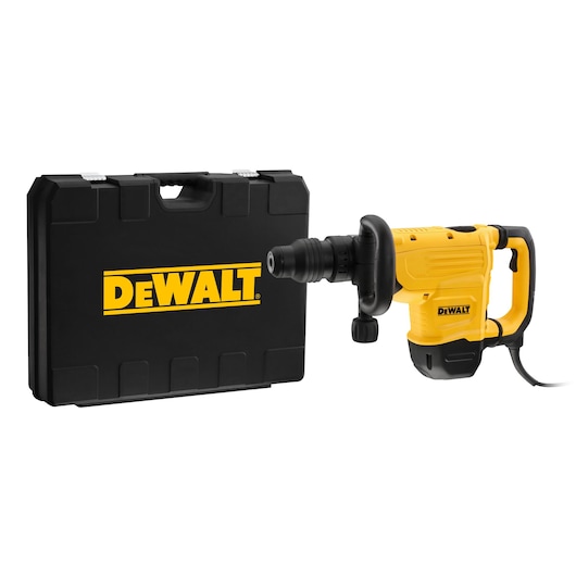 A yellow and black DEWALT demolition hammer next to a black DEWALT carrying case.