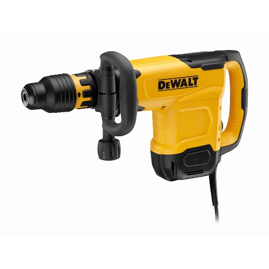 Yellow DEWALT demolition hammer with side handle, electric cord, and black accents, photographed on white background.