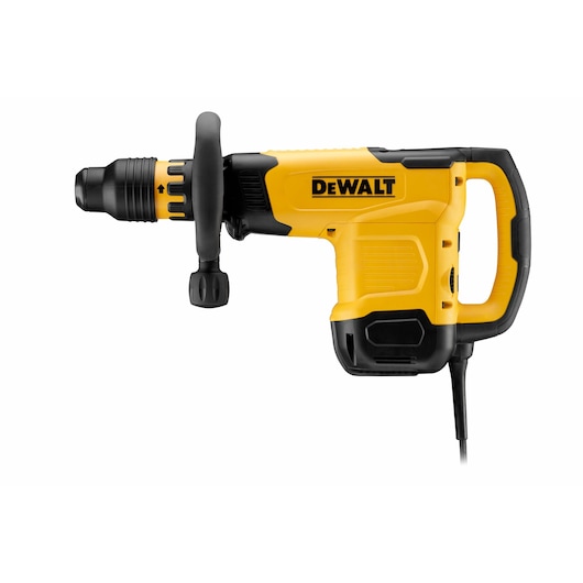 Yellow DEWALT power tool, corded demolition hammer, side handle, shown against white background.