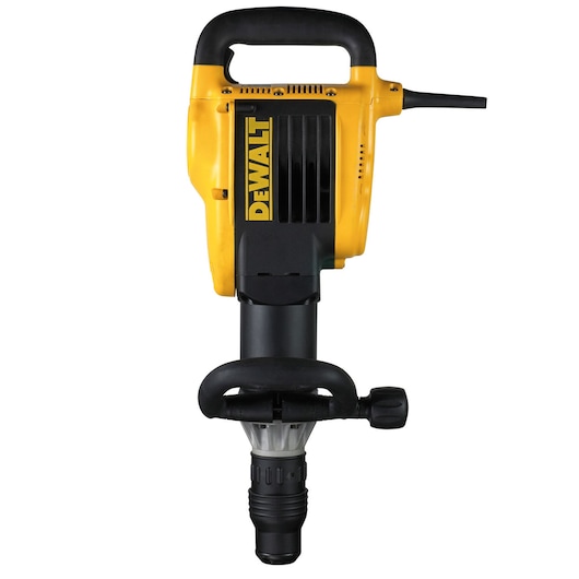 A DeWalt electric demolition hammer, yellow and black, shown upright with handle and power cord, designed for heavy-duty construction work.
