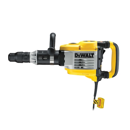 A DEWALT electric demolition hammer with a yellow and black body, prominent handle, and adjustable side grip. The tool is corded and designed for heavy-duty construction tasks.