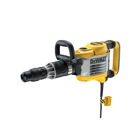A DEWALT electric demolition hammer with a yellow and black design, featuring a robust handle and metal body, shown against a white background.