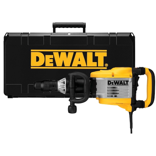 A DEWALT-branded electric demolition hammer with dual handles is placed in front of a black carrying case displaying the DEWALT logo in yellow.