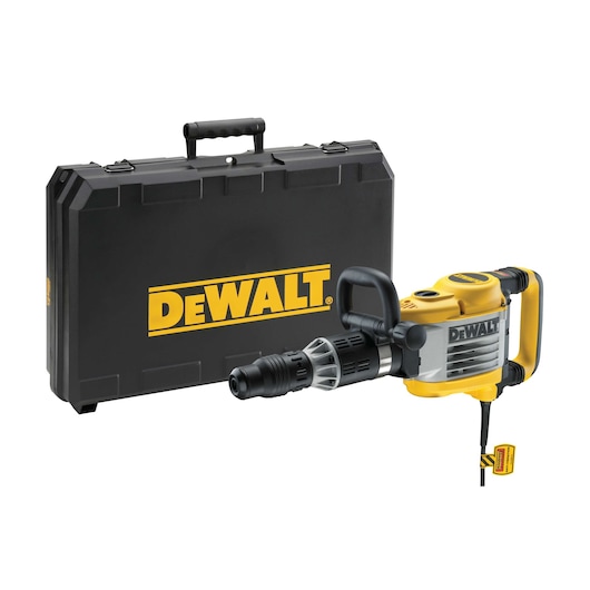 A DEWALT electric demolition hammer with a black and yellow body, shown next to a sturdy black carrying case with the DEWALT logo displayed in yellow.