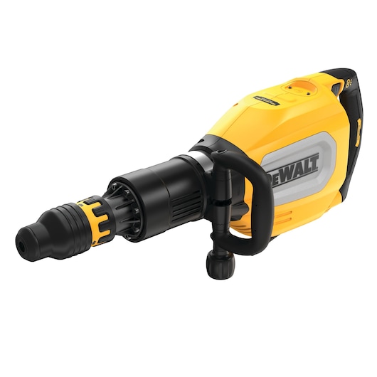 Yellow DEWALT demolition hammer with handle and black front attachment, shown on a white background.