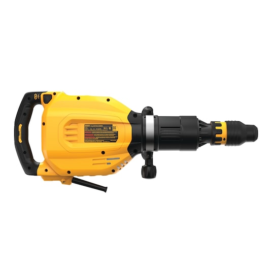 Yellow DEWALT demolition hammer with black handle and controls, shown in side view on white background.