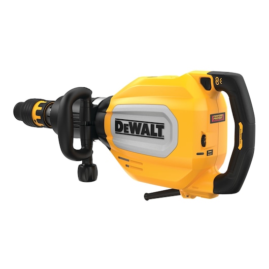 DEWALT D25911K demolition hammer, yellow and black, with side handle, durable body, close-up on white background.