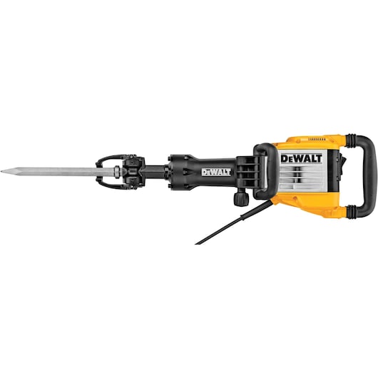 A DEWALT electric demolition hammer with a yellow and black body and a pointed chisel attachment.