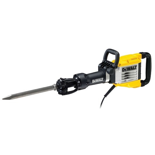 A DEWALT D25960K electric demolition hammer with a yellow and black body and metal chisel bit, designed for heavy-duty construction and breaking concrete.