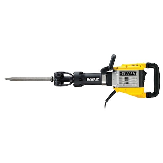 A DEWALT electric demolition hammer with a long pointed chisel bit, featuring a yellow and black body and a sturdy handle.