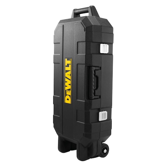 Black DEWALT rolling hard case with handle and wheels, suitable for tools or equipment storage.