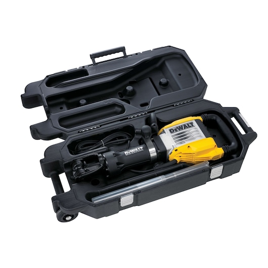 DEWALT demolition hammer in a hard plastic carrying case, shown with handles and accessories included.