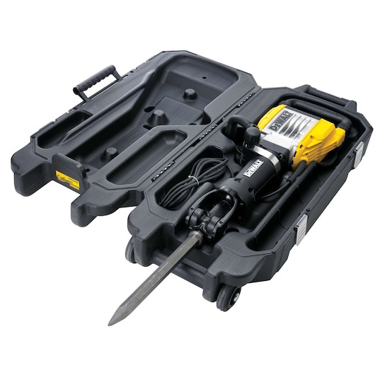 DEWALT demolition hammer in a hard plastic carrying case with handle and wheels, tool cable visible.