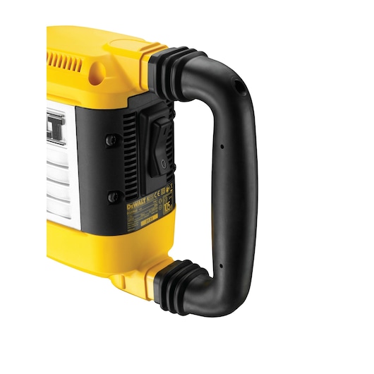 Close-up of a DEWALT D25960K demolition hammer handle and switch, yellow and black color, partial view.