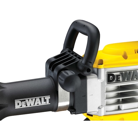 Close-up of DEWALT D25960K demolition hammer handle and body. Yellow and black, metal and plastic parts visible.