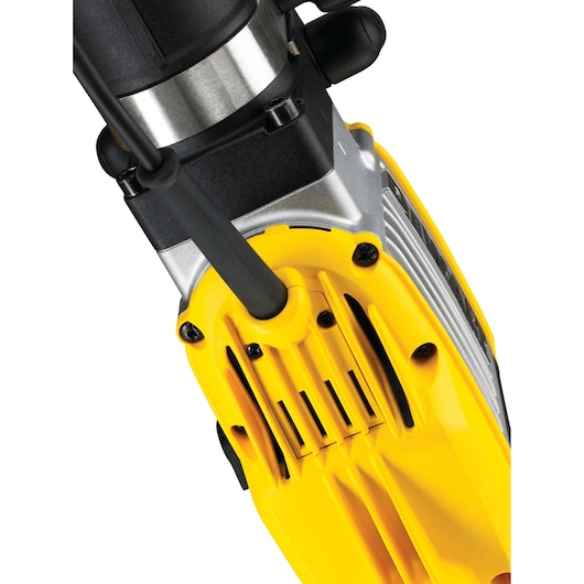 Close-up of yellow and black DEWALT power tool with metal and plastic details.
