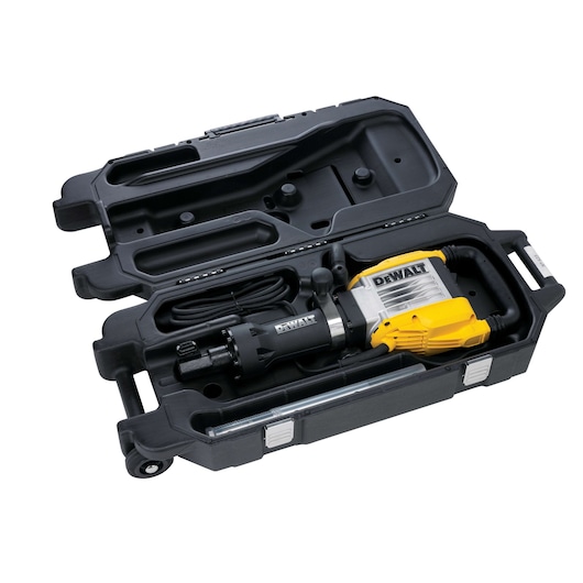 DEWALT demolition hammer with yellow casing in a black carrying case, shown open with storage compartments.