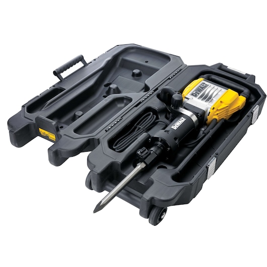 DEWALT demolition hammer D25961K in a hard plastic carrying case with wheels and handle.