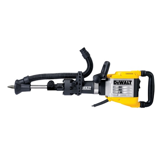 DEWALT D25961K demolition hammer with yellow body and attached vacuum tube, shown on white background.