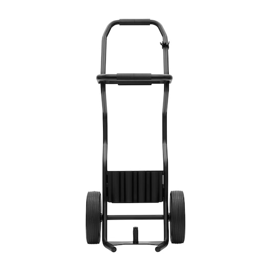 Black DEWALT wheeled cart with a handle, designed for transporting tools or equipment, shown on a white background.