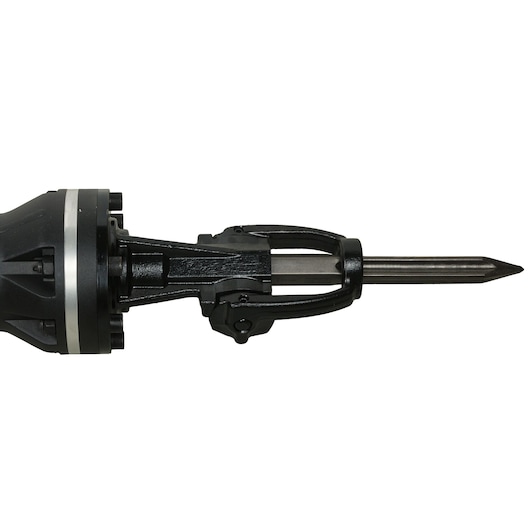 Close-up of a DEWALT demolition hammer bit with a pointed tip and metal casing, isolated on a white background.