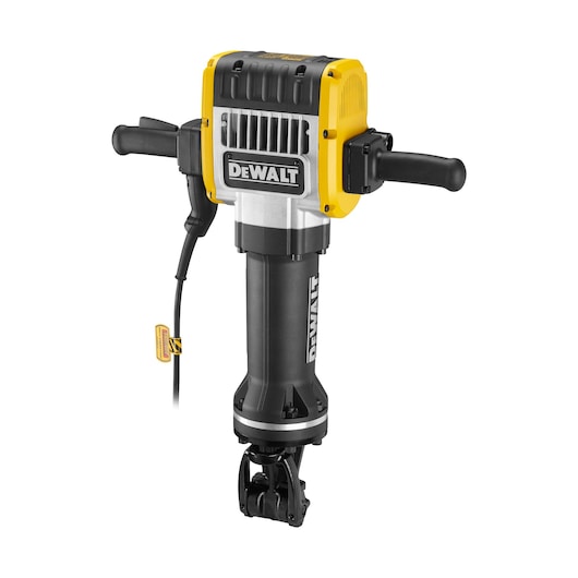 A DEWALT electric demolition hammer with a black and yellow body, two side handles, and a power cord, designed for heavy-duty breaking tasks.
