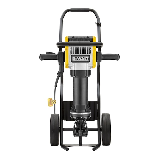 Front view of a DEWALT demolition hammer (model D25981) mounted on a wheeled cart, with handles on both sides and visible power cord, designed for heavy-duty construction work.