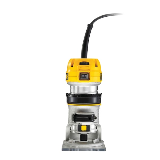 A DEWALT D26200 electric compact router with a yellow and silver body, black accents, and a power cord attached, shown from the front on a white background.