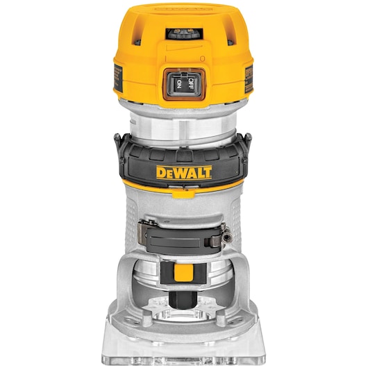 Front view of a DEWALT D26200 compact router, featuring a yellow and silver design with an ON/OFF switch on top and the DEWALT logo on the black band.