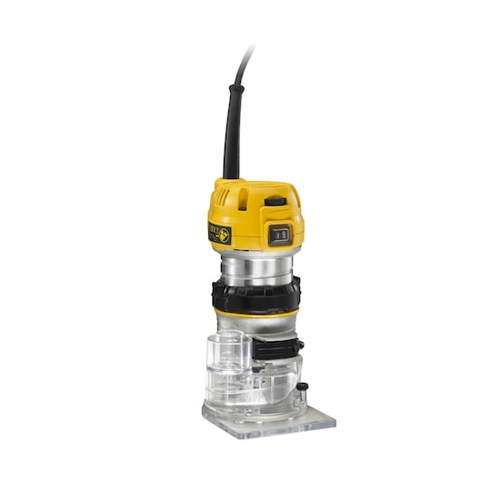 DEWALT D26200 compact router tool with yellow top, power cord, and clear base on white background.