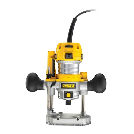 DEWALT D26203 plunge router with dual handles and depth adjustment, corded, yellow and silver.