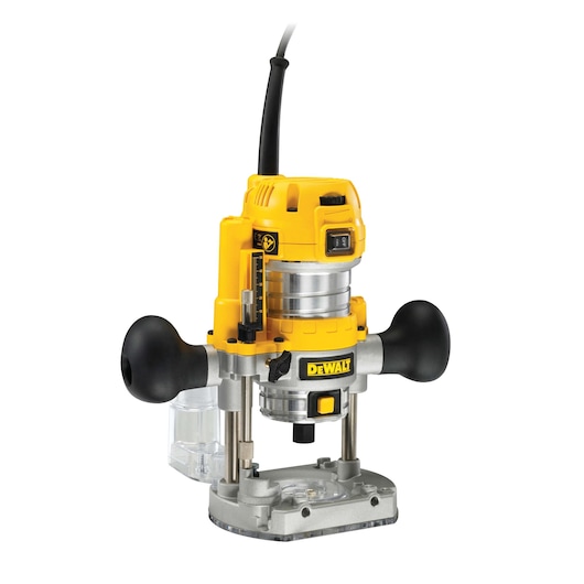 A DEWALT D26203 plunge router, featuring a yellow and black design, two ergonomic side handles, a clear base, and a power cord, suitable for woodworking and precision cutting tasks.