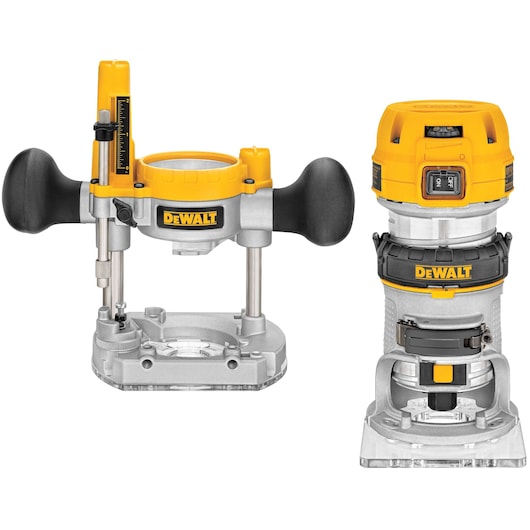 Two DEWALT woodworking routers are shown side by side. The left router has a plunge base with two black handles and a depth adjustment gauge. The right router has a fixed base with a yellow top and DEWALT logo, used for precision wood cutting and shaping.