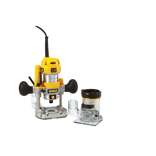 DEWALT router kit with two bases for woodworking, featuring yellow and black design on a white background.