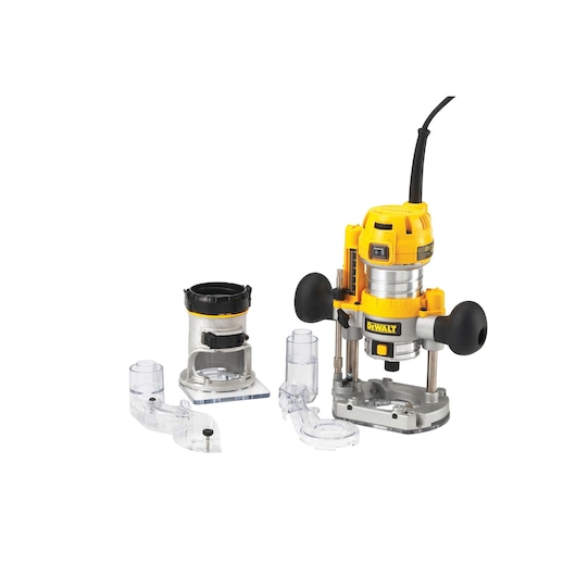 DEWALT D26204K router set with accessories on white background.