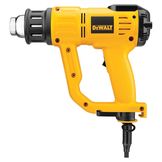 A yellow and black DEWALT heat gun with a power cord, ergonomic handle, and metal nozzle, shown on a white background.