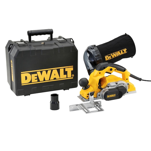 DEWALT electric planer with black case, dust bag, and accessories, displayed on a white background.