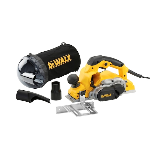 DEWALT electric planer D26500K with accessories and dust bag, shown on a white background.