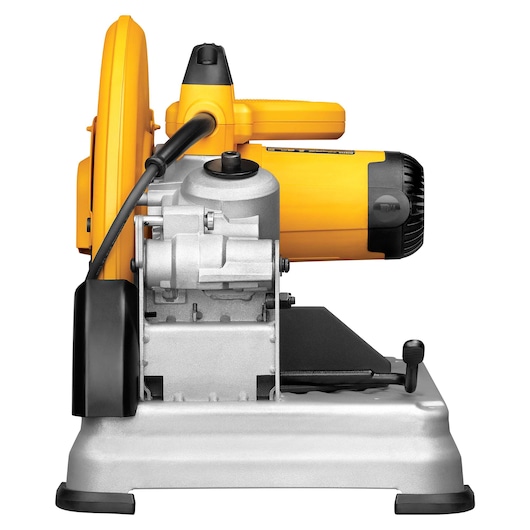 Side view of a DEWALT D28715 metal cutting chop saw, featuring a yellow and black motor housing and a silver base with a cutting platform.